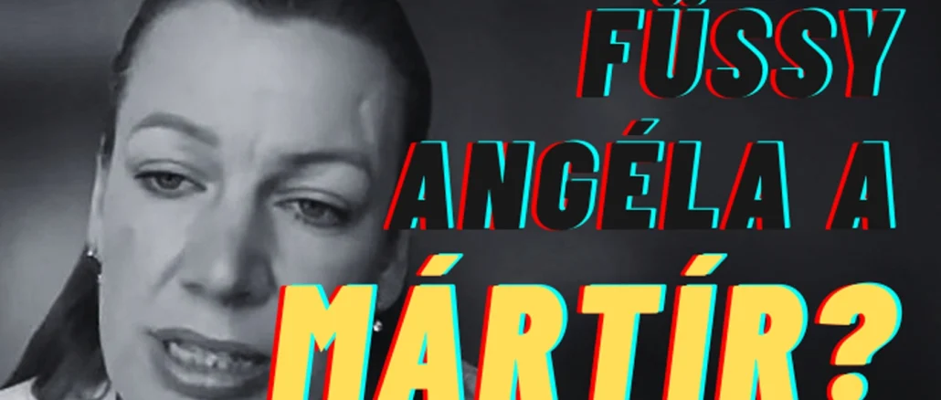 Füssy Angéla újságíró egy videófelvételen, mellette sárga és kék betűkkel: Füssy Angéla a mártír?