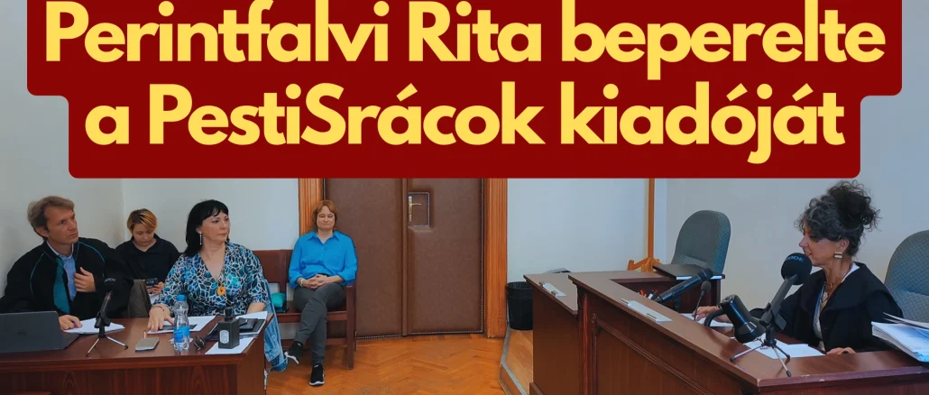 Perintfalvi Rita és jogi képviselője a Fővárosi Törvényszéken a PestiSrácok kiadója, a Mediaworks elleni per első tárgyalásán