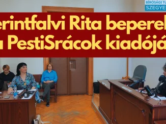 Perintfalvi Rita és jogi képviselője a Fővárosi Törvényszéken a PestiSrácok kiadója, a Mediaworks elleni per első tárgyalásán