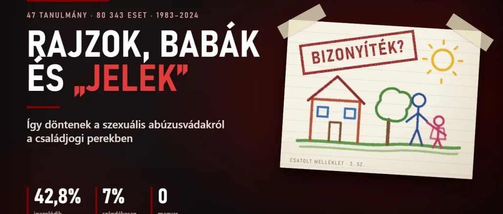 Feltűzött gyerekrajz házzal, fával, egy felnőttel és egy gyerekkel, rajta „Bizonyíték?” pecsét – a szexuális abúzusvádak bizonyításáról szóló cikk képe