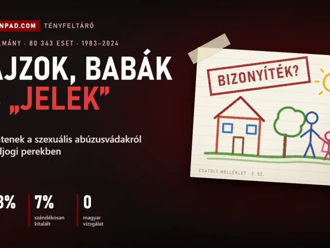 Feltűzött gyerekrajz házzal, fával, egy felnőttel és egy gyerekkel, rajta „Bizonyíték?” pecsét – a szexuális abúzusvádak bizonyításáról szóló cikk képe